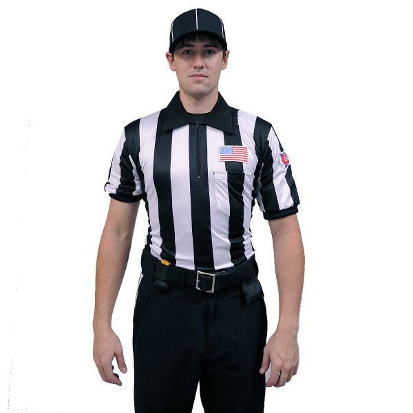 Honig's 2" Striped Ultra Tech NCAA Short Sleeve Football Jersey With Placket And Flag On Left Chest